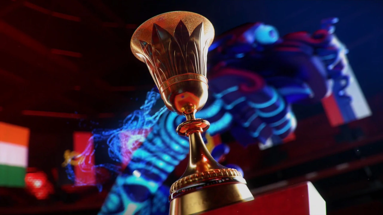 FIBA's trophy and a dragon in view behind