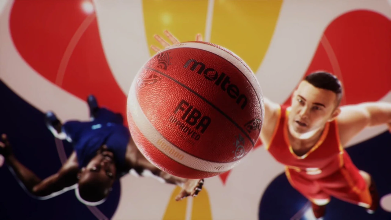 Close-up shot of CGI players and ball, with FIBA branding visible on ball