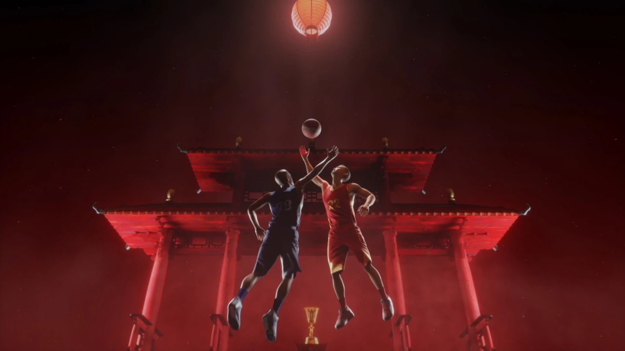 Two CGI basketball players jump in the air for the ball