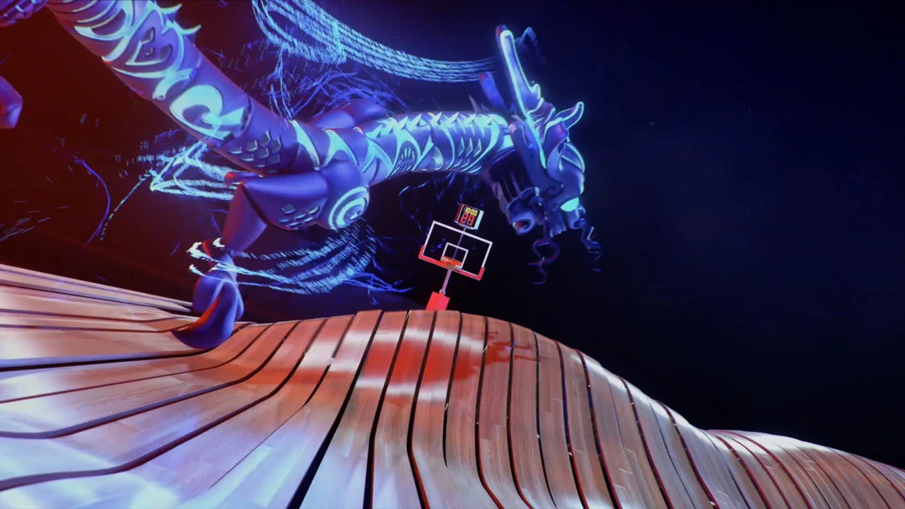 FIBA's CGI dragon flying across the stadium