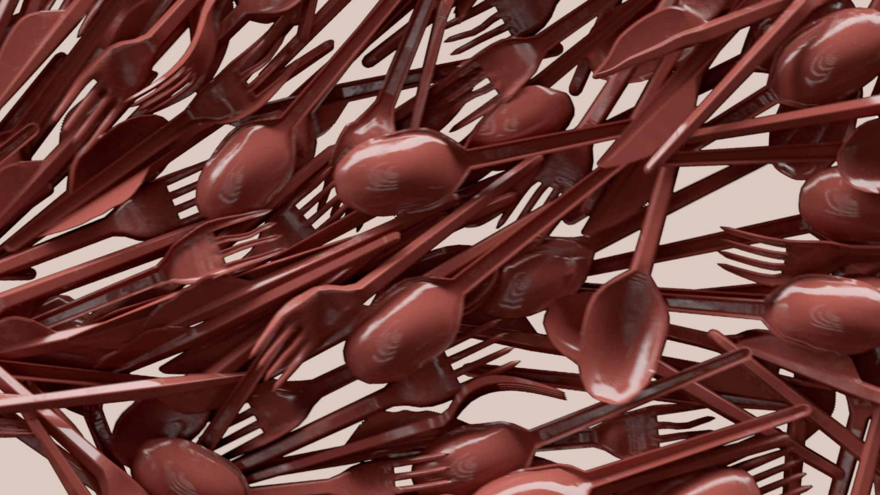Close up of red cutlery, part of the Everlane Black Friday campaign